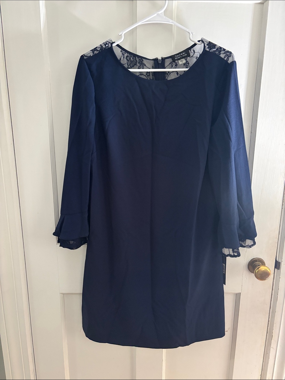 Tahari Navy Lace-Trim Long Sleeve Shift Dress with Ruffle Cuffs